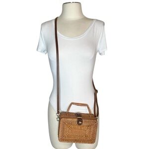 Wicker picnic basket crossbody shoulder bag